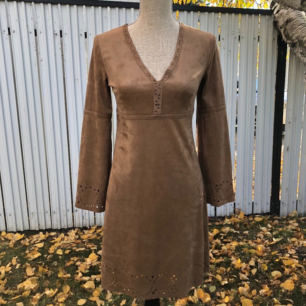Brown Long Sleeve Faux-Suede Dress